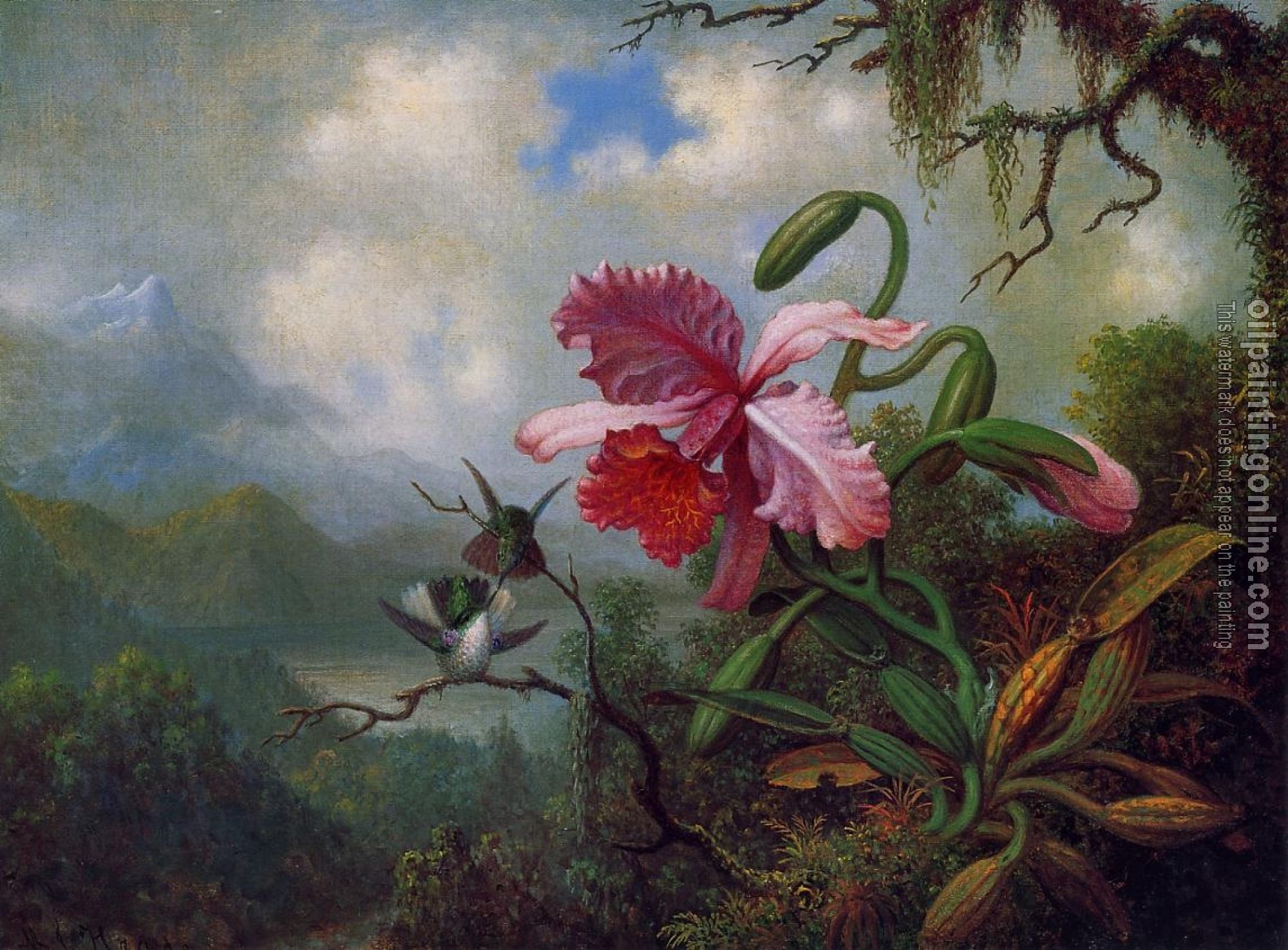Heade, Martin Johnson - Orchid and Hummingbirds near a Mountain Lake